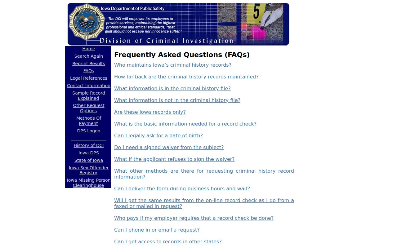 Iowa DCI Webster County arrest record check FAQ