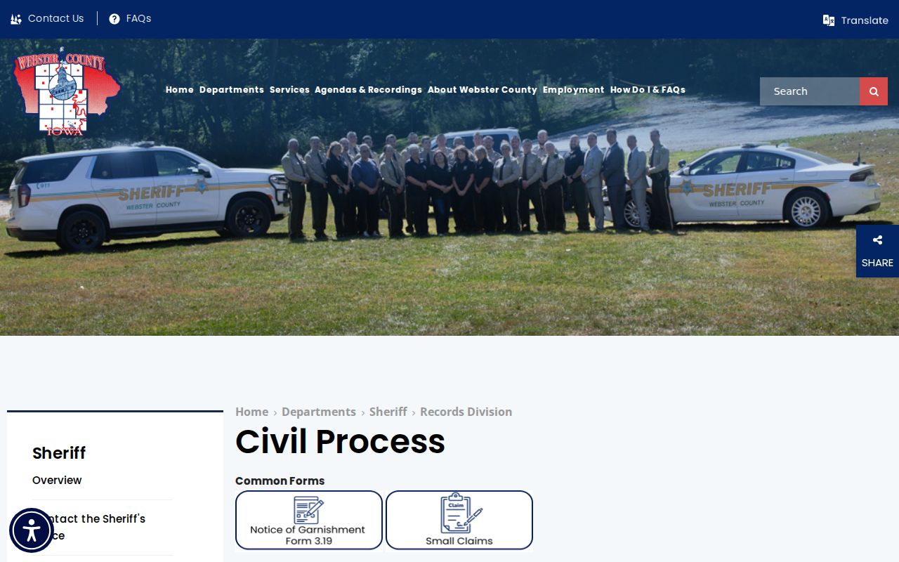 Webster County arrest records and sheriff records division page