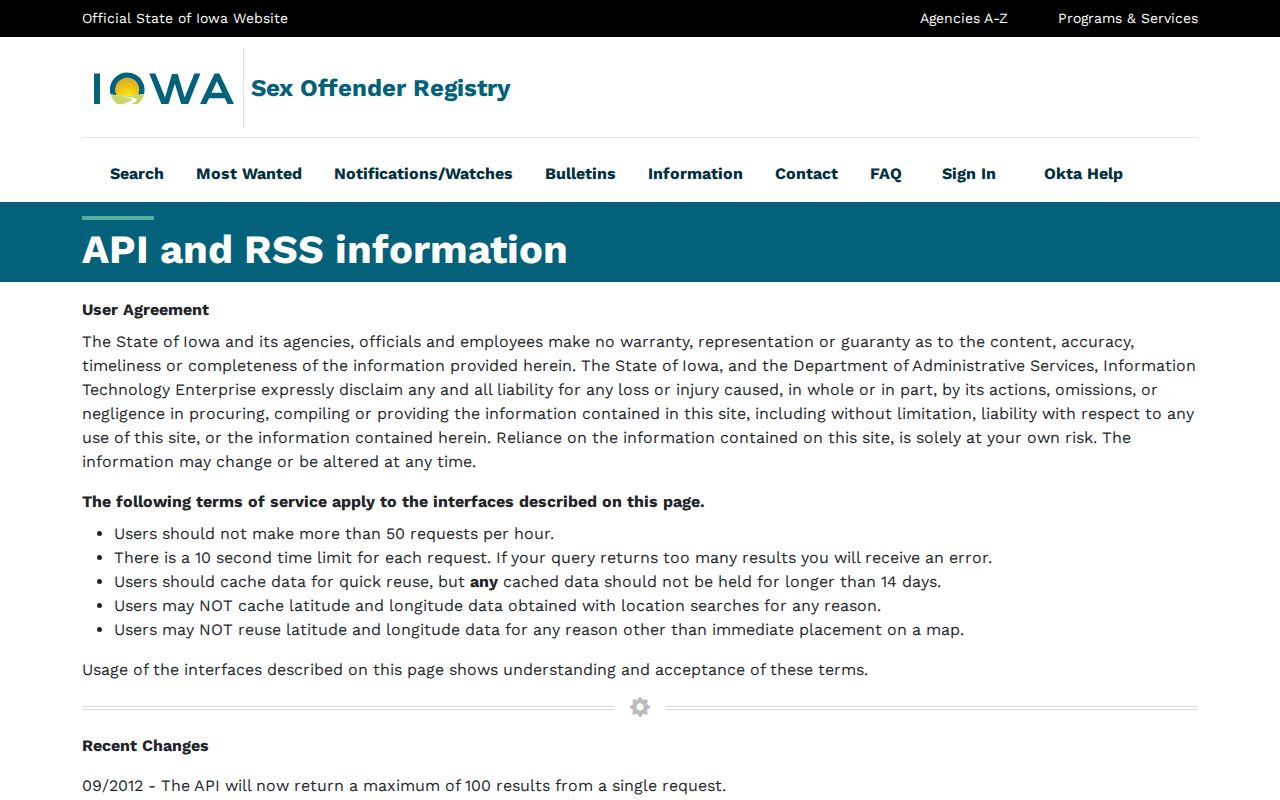 Webster County sex offender search field documentation in the Iowa registry