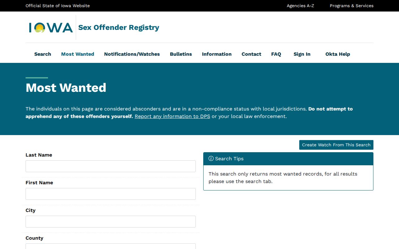 Webster County sex offender registry noncompliance and Most Wanted search